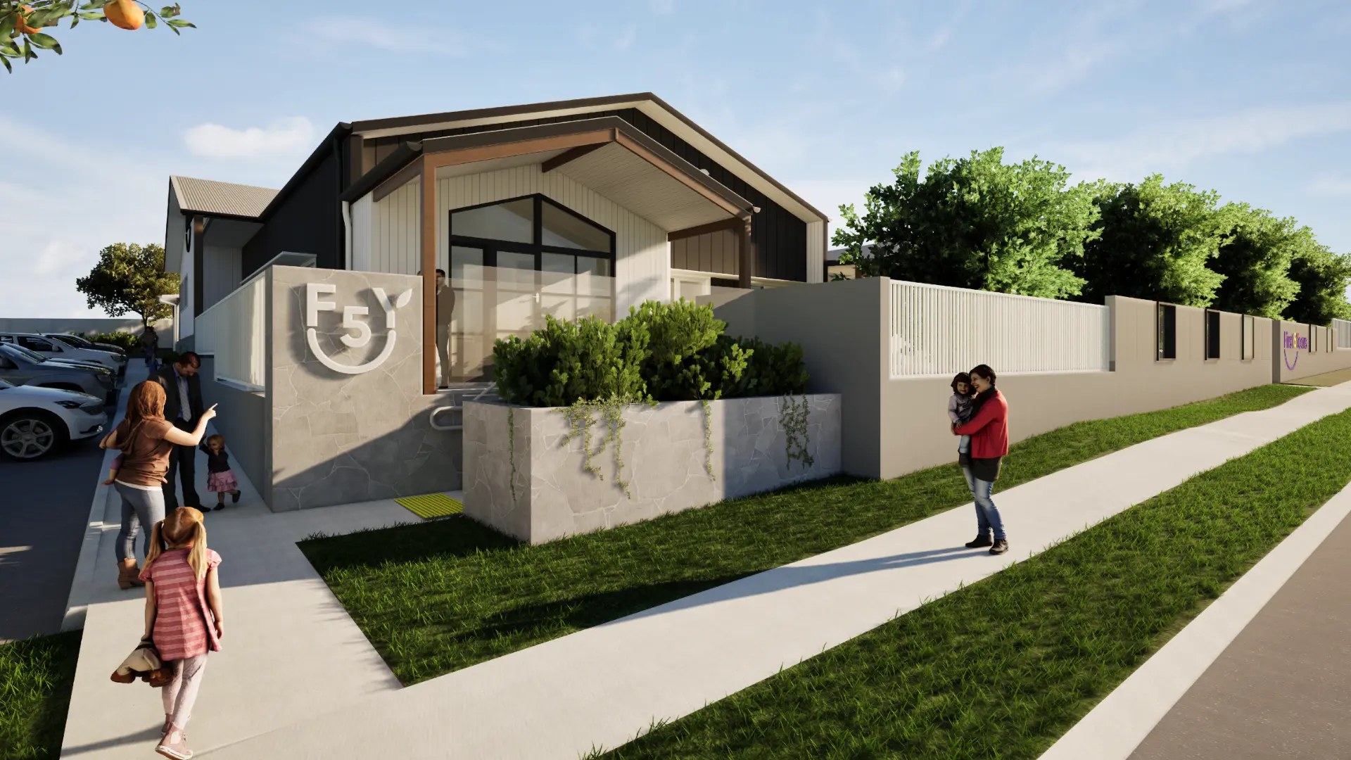 Architectural render of the First5Years Gladstone entry, with families arriving along the footpath past the signage wall.