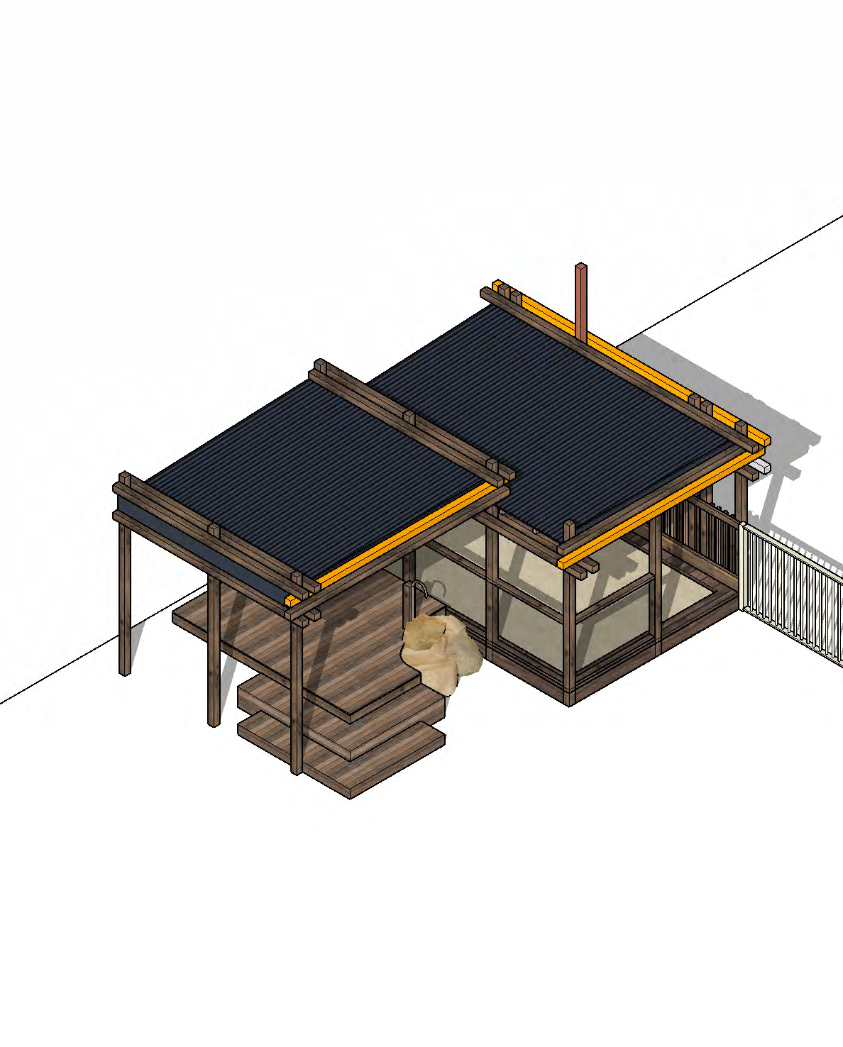 Design drawing of the water and shelter structure, with decking, steps and a covered work area.