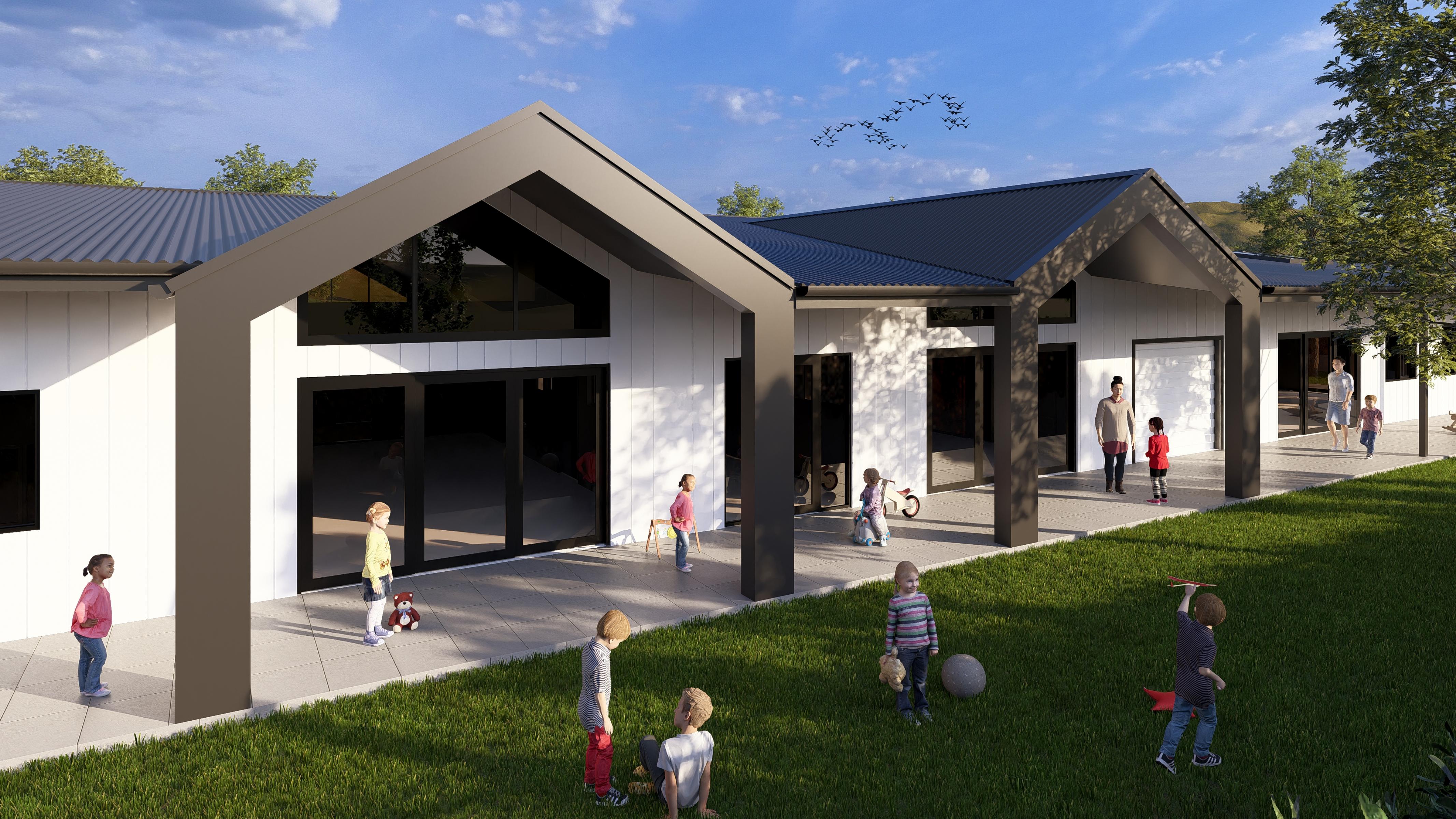 Architectural render of the First5Years Tamworth verandah and yard side in daylight.