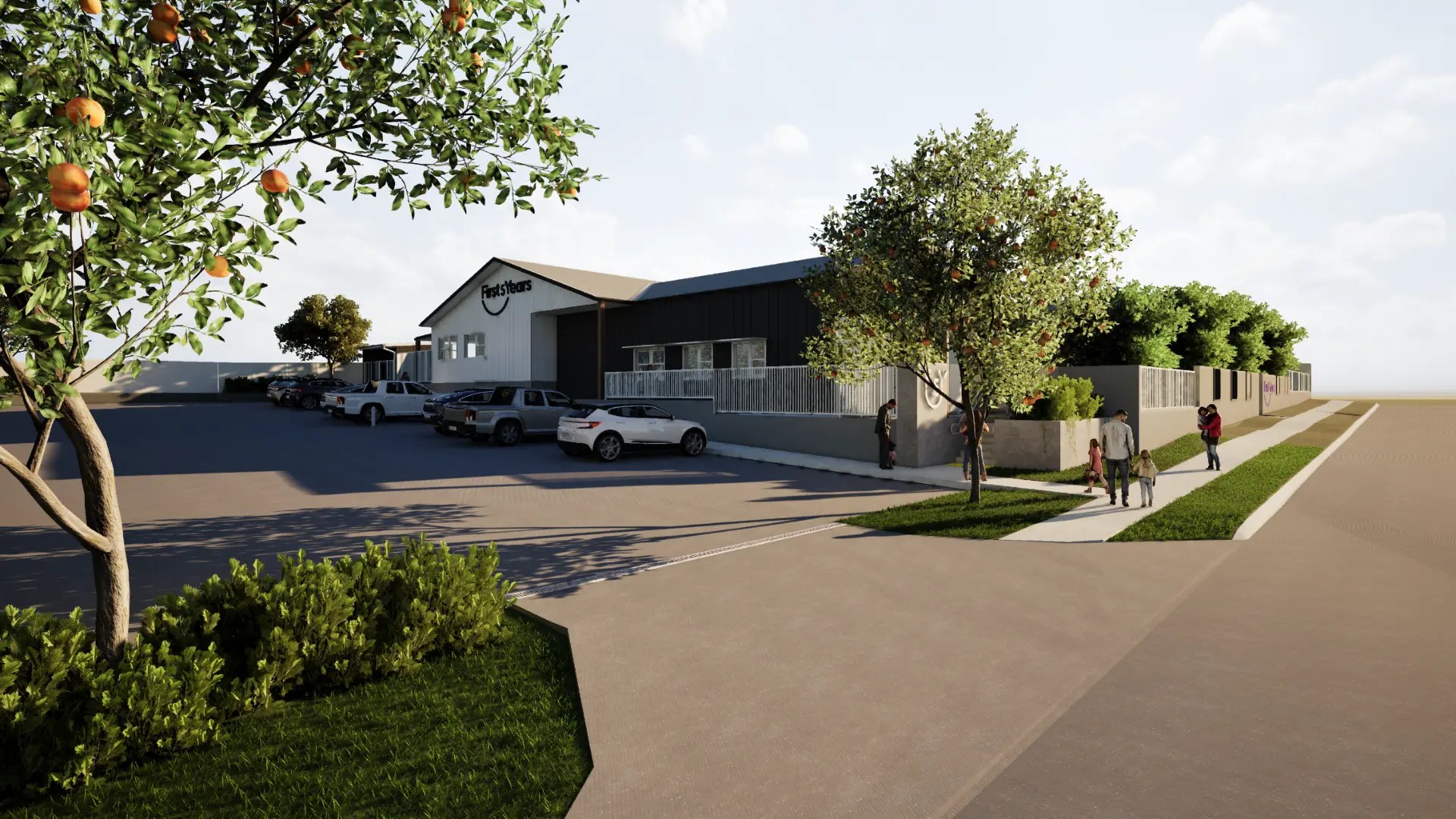Architectural render showing the arrival and car park at First5Years Gladstone, Tank Street.