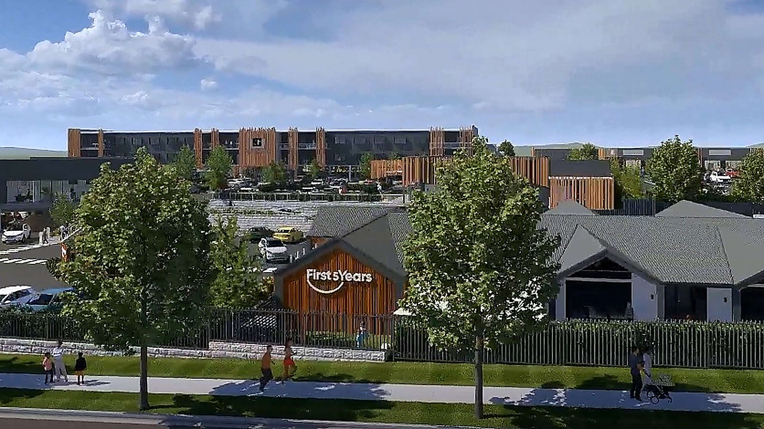 Architectural render of the First5Years Tamworth centre seen through the street trees, with the wider precinct behind.