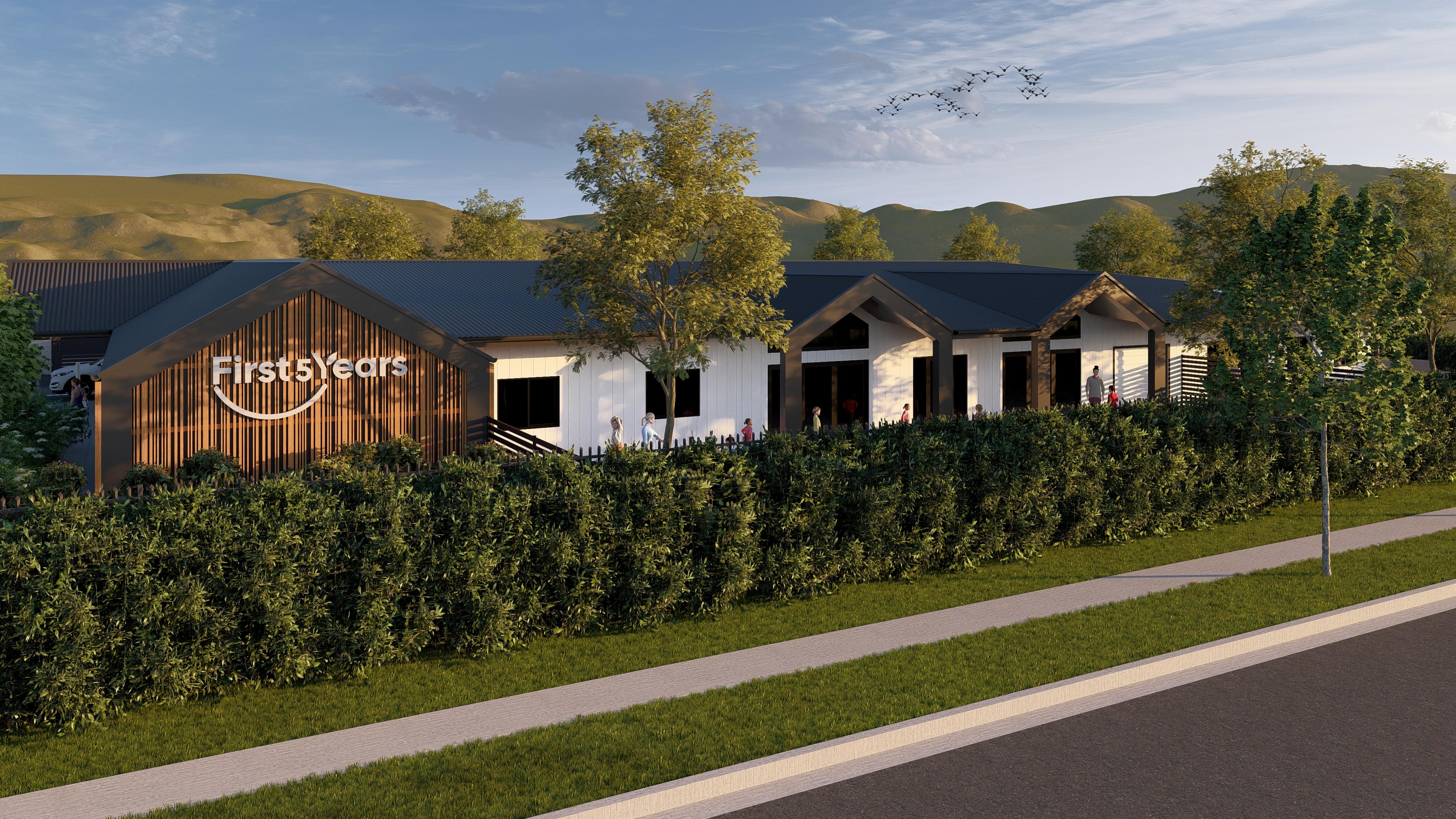 Architectural render of the First5Years Tamworth road elevation: a run of steep gables with timber battens and a deep verandah.