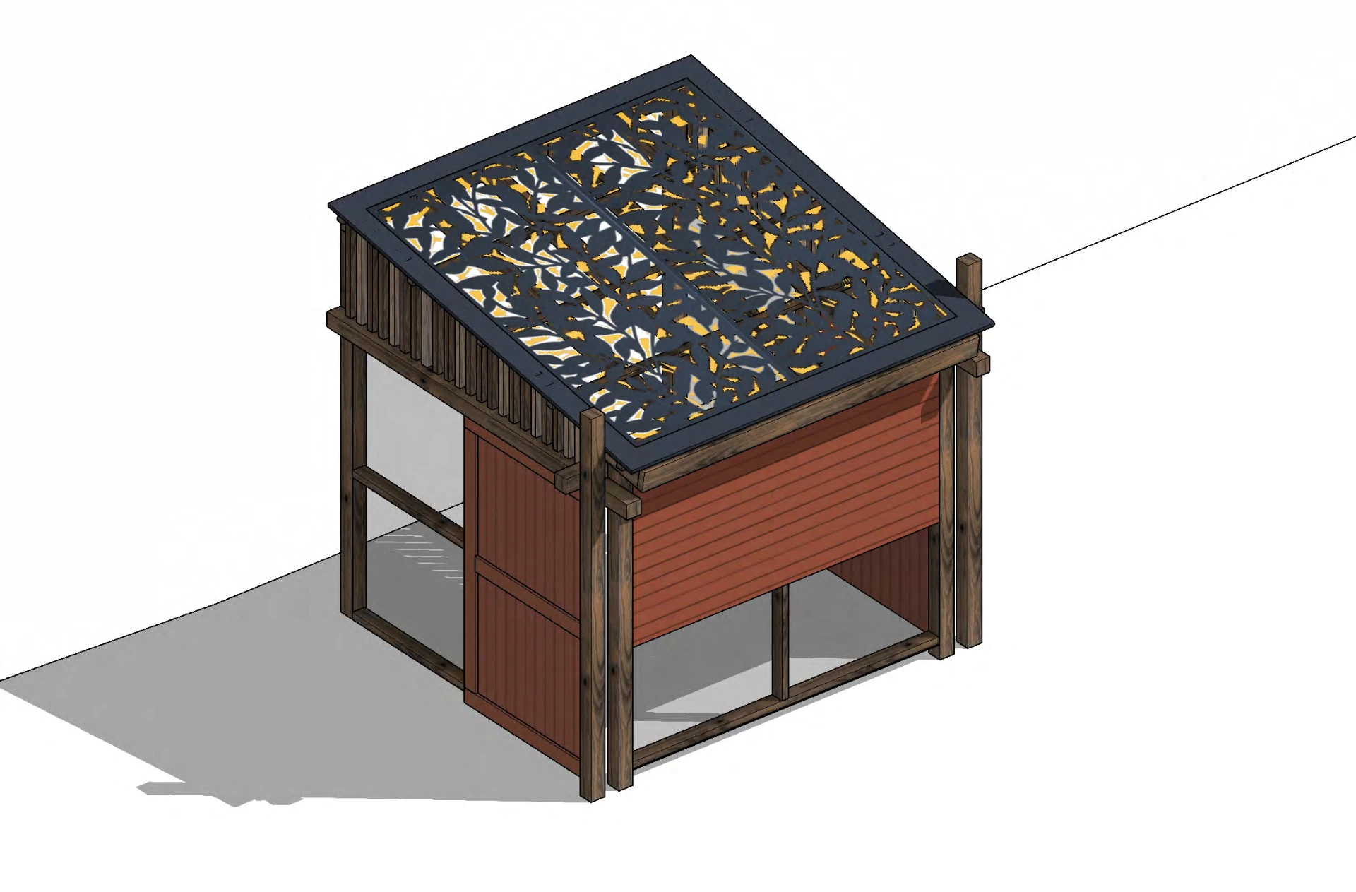 Design drawing of a small timber shelter with a decorative cut overhead panel.