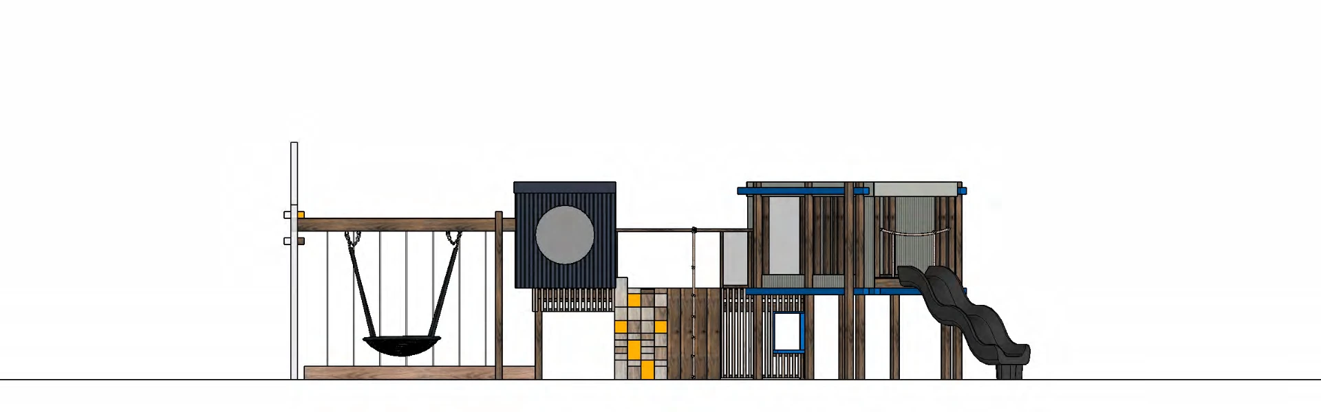 Design drawing of the main elevated play structure, with swing, tower and slide.