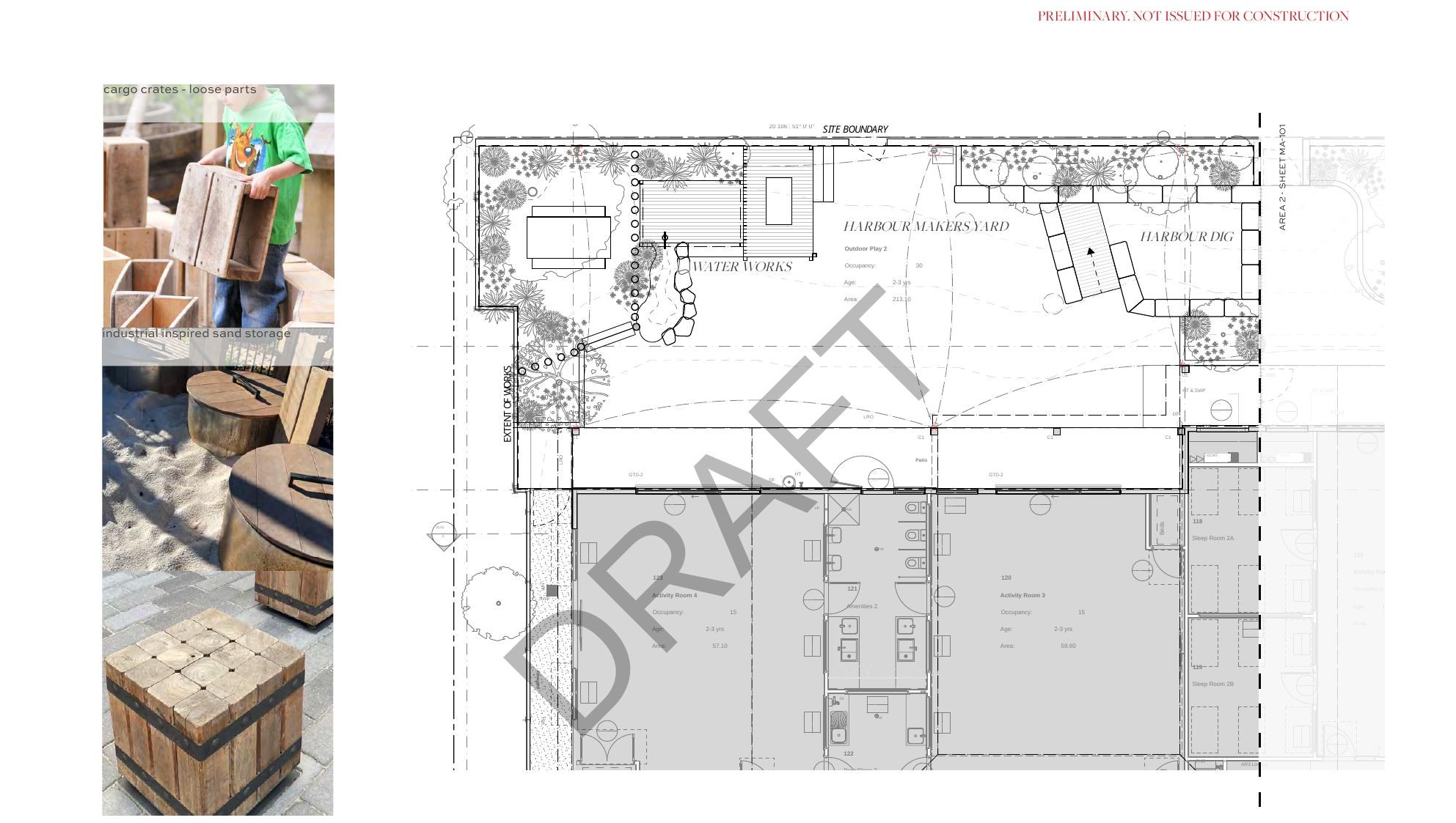 Preliminary landscape plan for the 2–3 year old outdoor play area, showing Harbour Dig, Water Works and Harbour Makers Yard.
