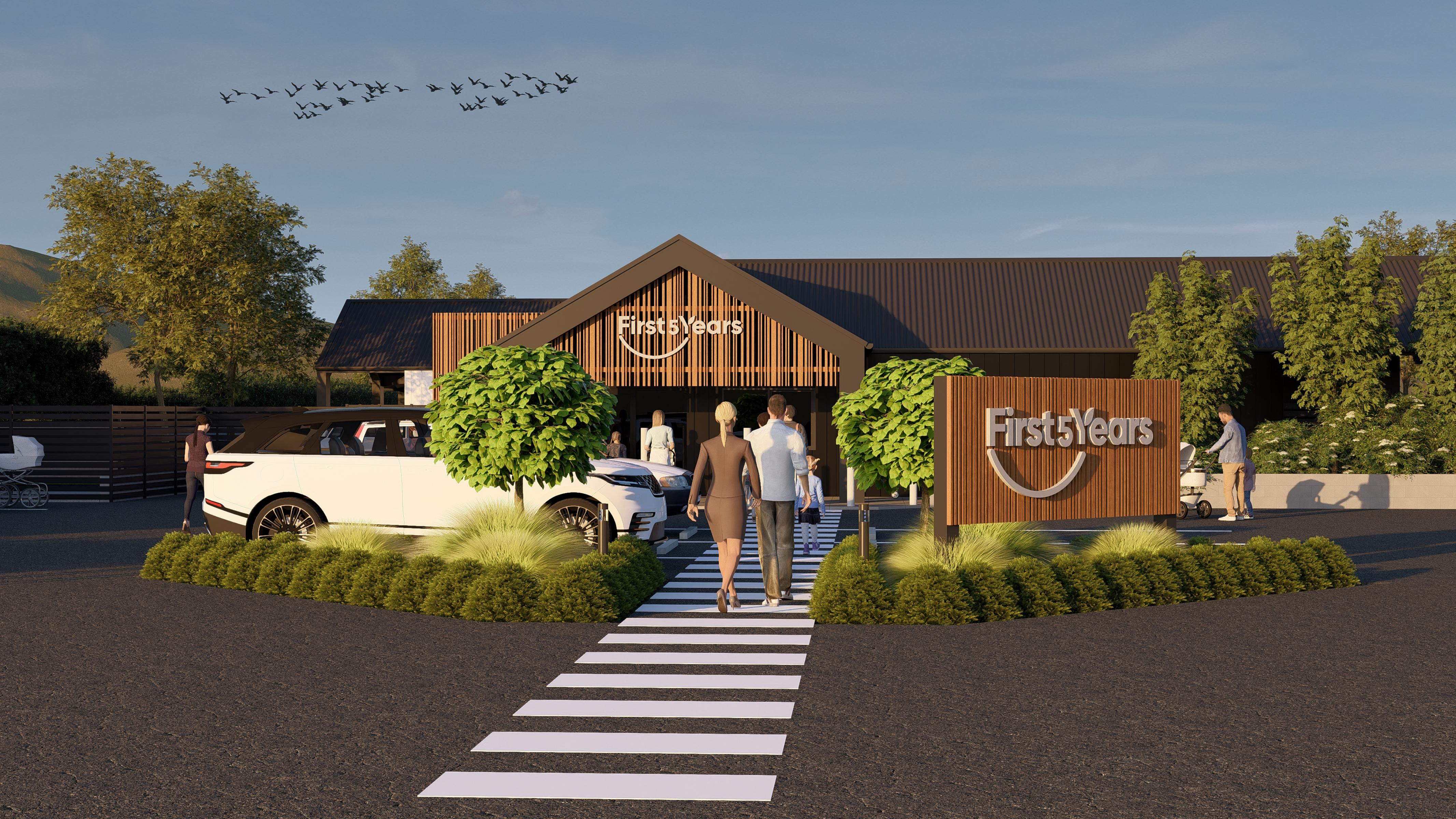 Architectural render of First5Years Tamworth: a family crossing towards the centre entrance in daylight.