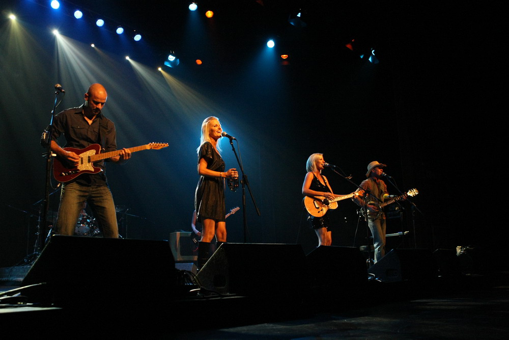 A band performing live on stage under coloured lights during the Tamworth Country Music Festival.