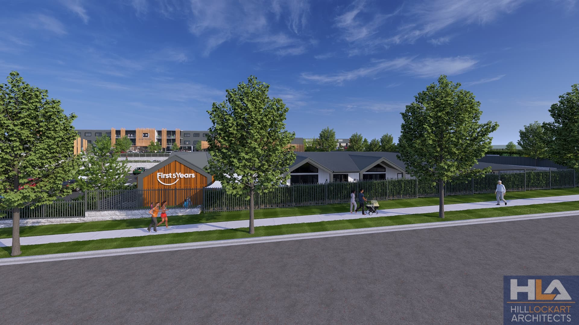Architectural render of the First5Years Tamworth street frontage seen through the street trees, with the timber-clad entry gable and signage behind the fence.