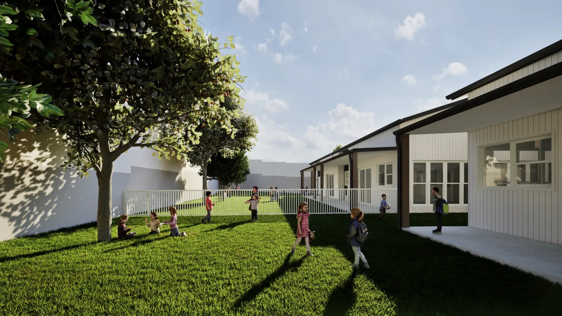 Architectural render of the First5Years Gladstone verandah and yard, with children playing on the grass beside the building.